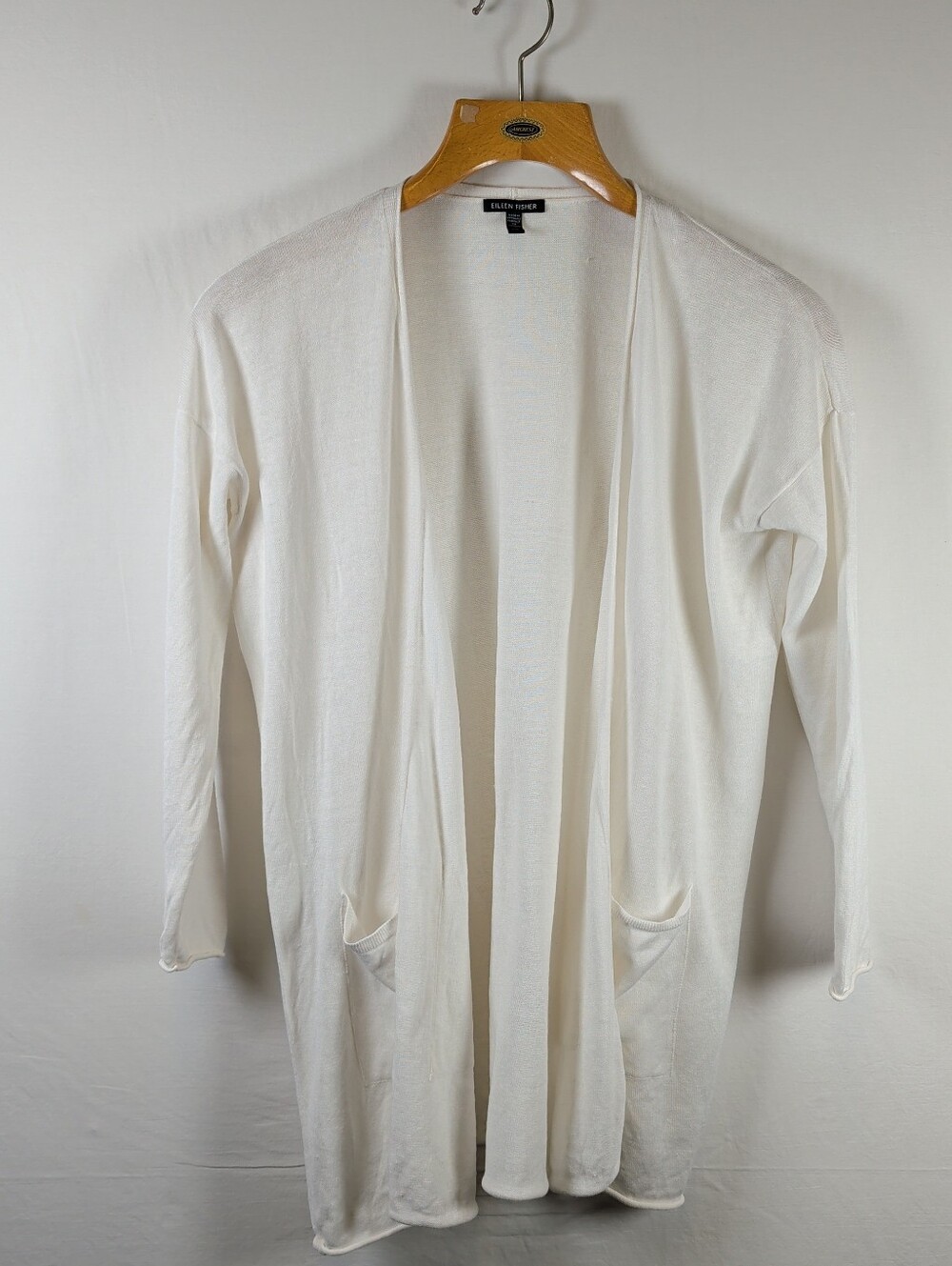 Eileen Fisher Open-Front Longline Cardigan - White - Size Medium - Rolled Edges